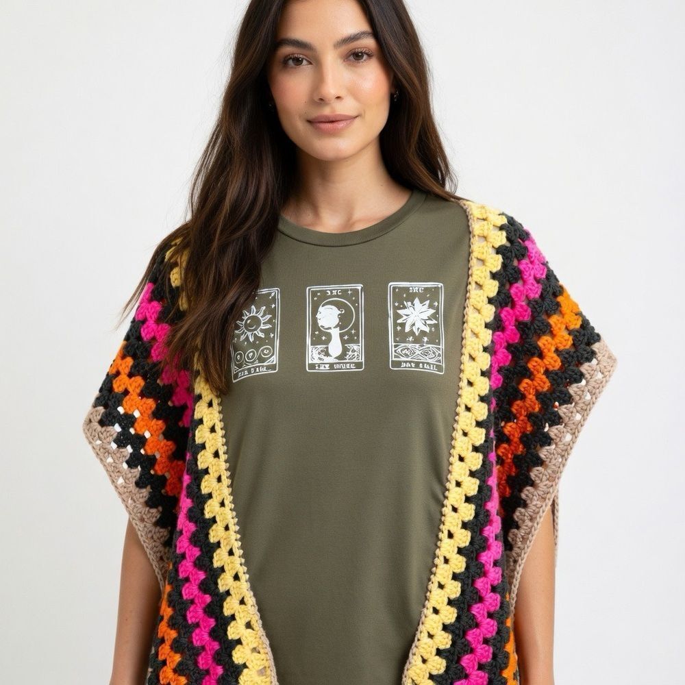 Upcycled Poncho Graphic Tee Crochet Trim Top  27” x 22”